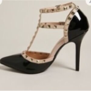 Women’s Black and NudeFaux Patent Leather Studded Heel
